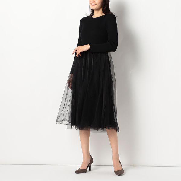 リブニットチュールドッキングワンピース