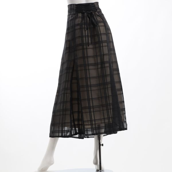 シアーチェック編み上げデザインフレアスカート