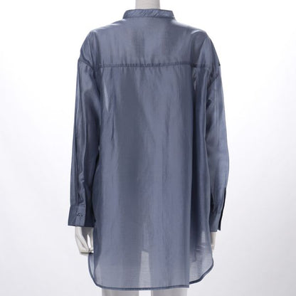 シアー素材前開きバンドカラーブラウス