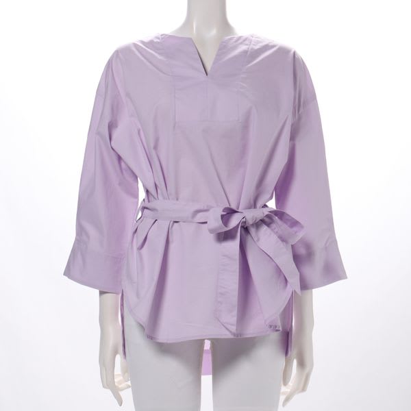 ウエストリボンベルト付きオープンフロントネックブラウス