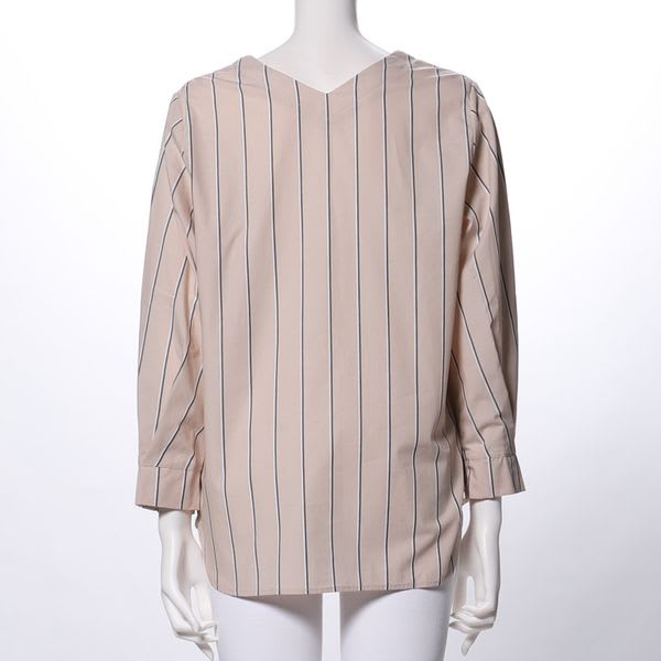 コットンストライプ飾りボタンVネックブラウス