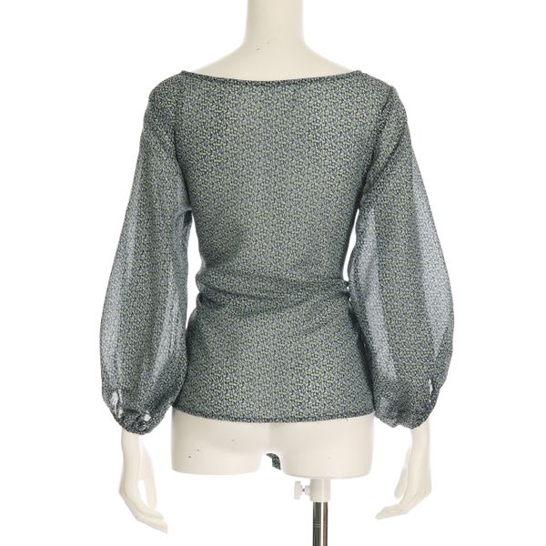 透け感ウエストリボン総柄ブラウス