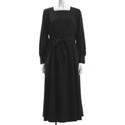 ウエストリボンパールデザインスクエアネック長袖ワンピース