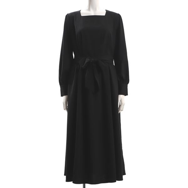 ウエストリボンパールデザインスクエアネック長袖ワンピース