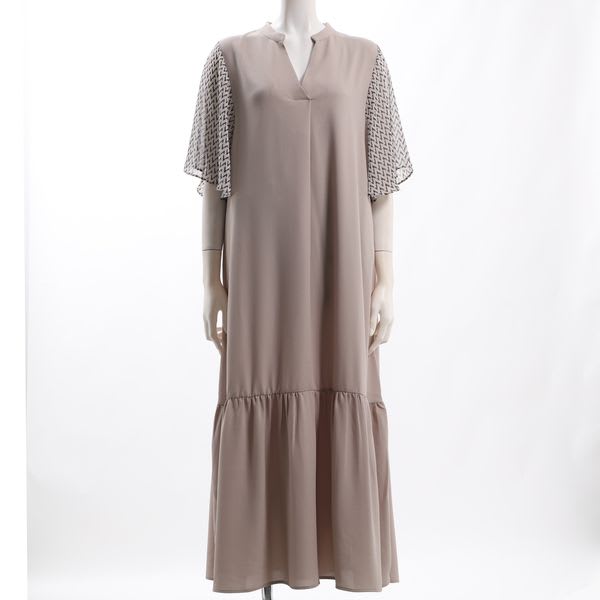 柄袖フレア裾切り替えティアードワンピース