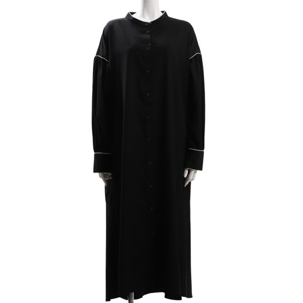 パイピングアクセント前開きバンドカラーワンピース