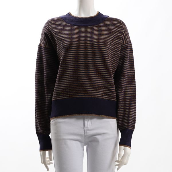 編み柄リブデザインクルーネックニット