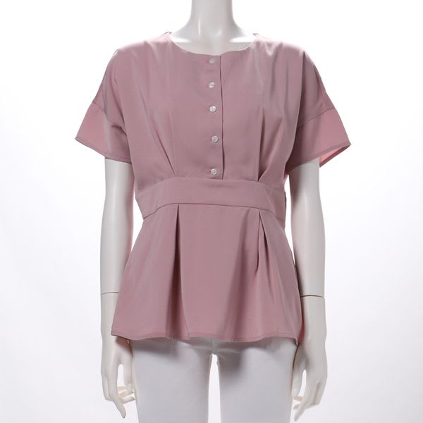 ペプラムデザインラウンドネックブラウス