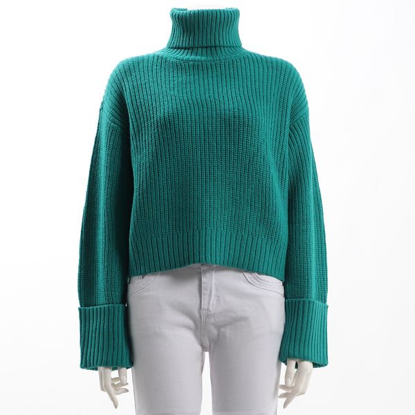 お袖折り返しデザインタートルネックニット