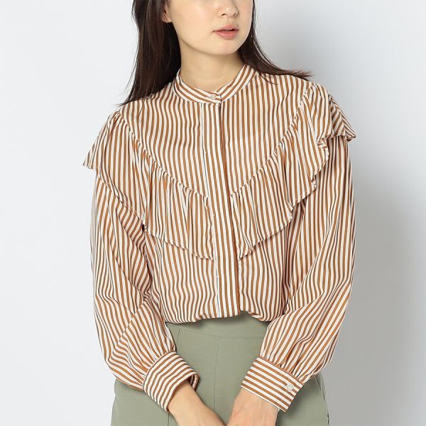 ストライプ柄前開きフリルブラウス