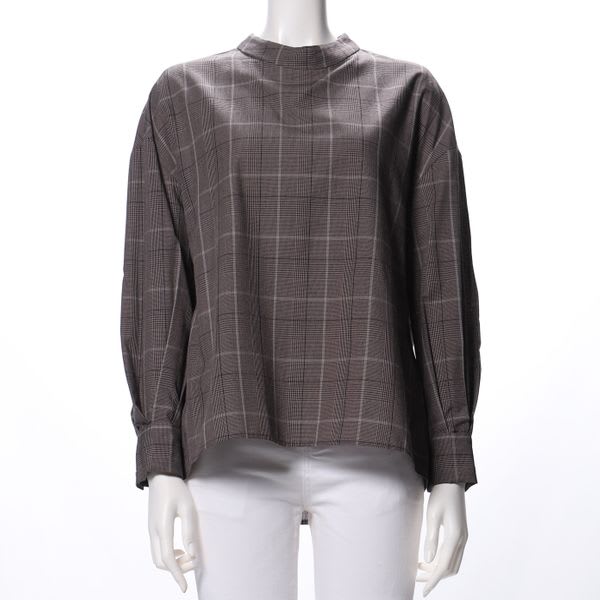 グレンチェック柄スタンドカラーブラウス