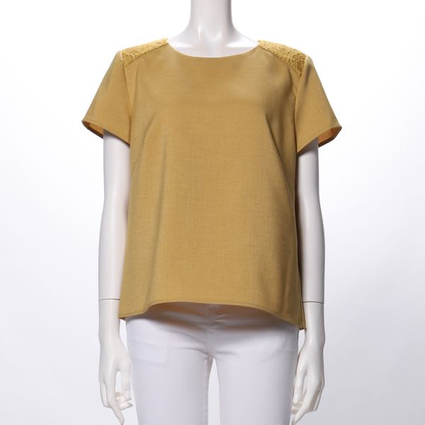 肩レースデザインラウンドネックブラウス