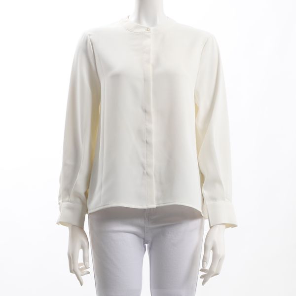 バックギャザーデザインバンドカラーブラウス