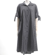 袖口リボンストライプ柄シャツワンピース
