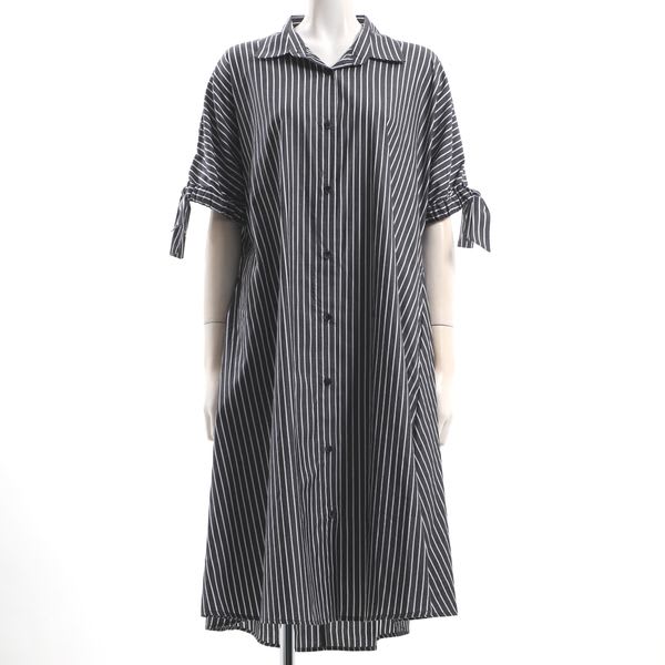 袖口リボンストライプ柄シャツワンピース
