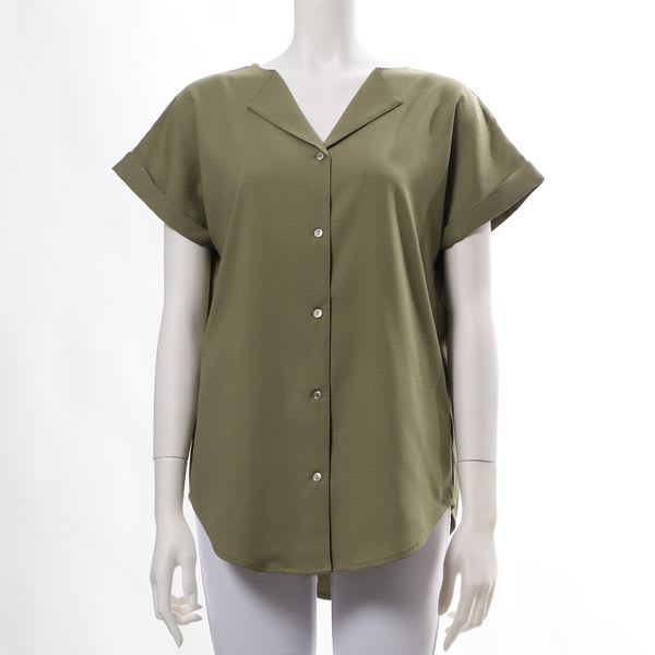 リネンライクオープンフロントネックブラウス