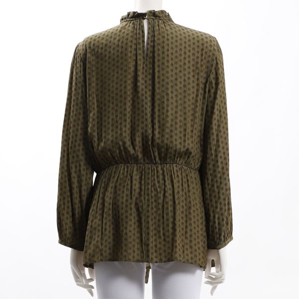 ウエストリボンフリルネック総柄ブラウス