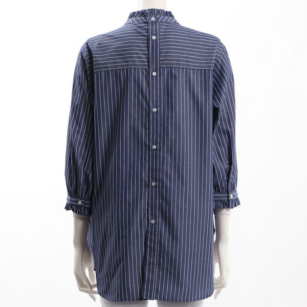 ストライプ柄フリルネックブラウス