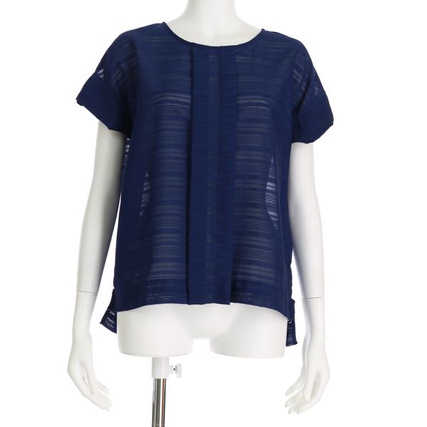 ボーダー透け感ラウンドネックブラウス