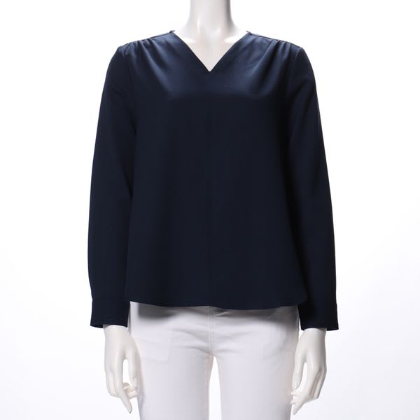 肩部分ギャザーデザインVネックブラウス