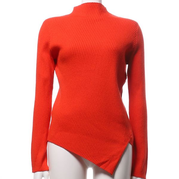 アシンメトリー裾デザインリブニット