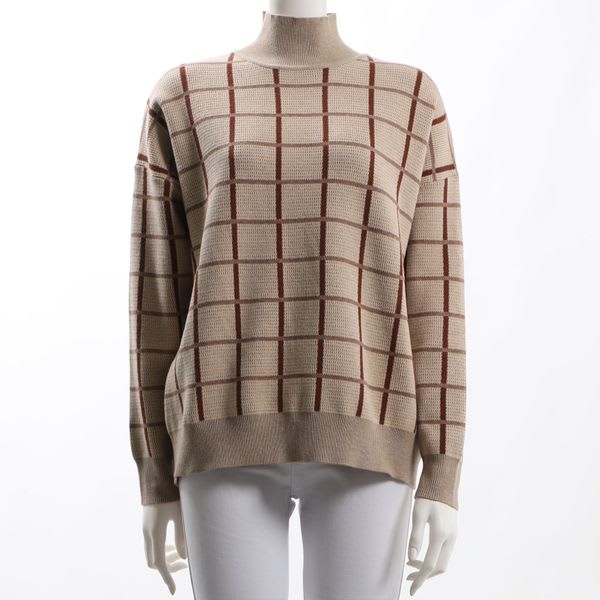 チェック柄ハイネックニット