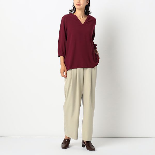 ラグランスリーブオープンフロントネックブラウス