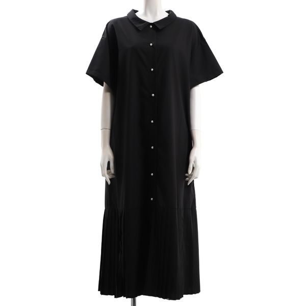 襟付き裾プリーツロングシャツワンピース
