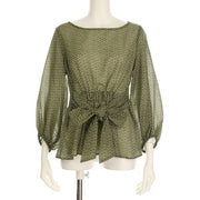 透け感ウエストリボン総柄ブラウス