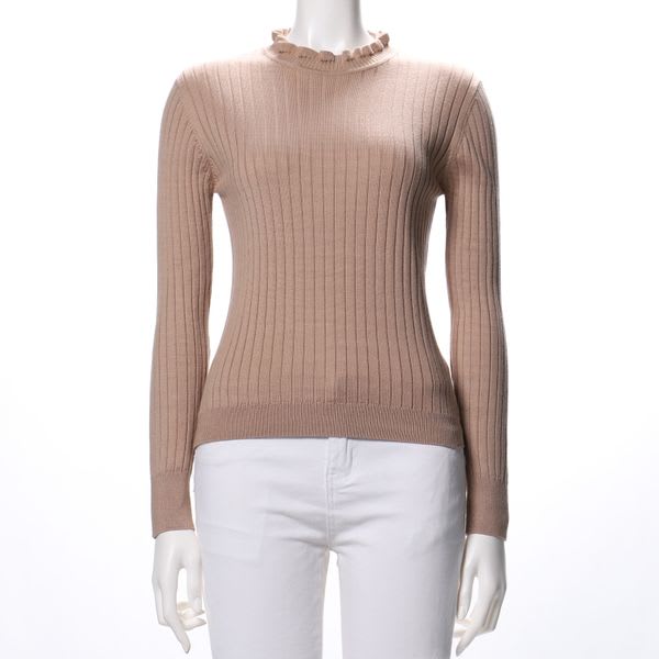 フリルネックリブニット