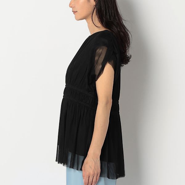 シアー素材ギャザーデザインブラウス
