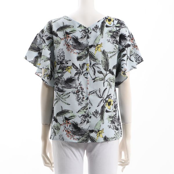 麻調パームツリープリントフレアスリーブブラウス