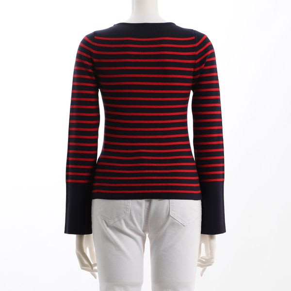 袖スリットゴールドボタンボーダー柄リブニット