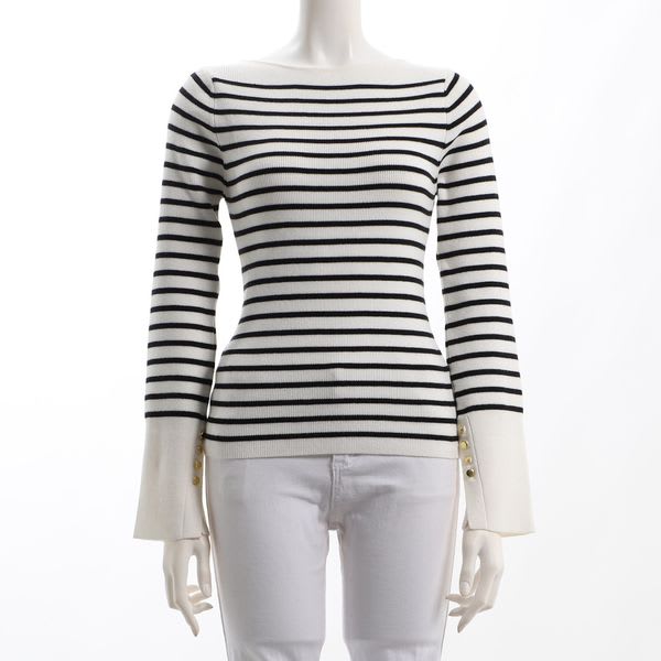 袖スリットゴールドボタンボーダー柄リブニット