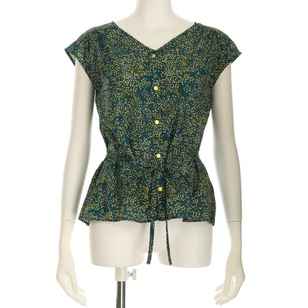 デシンドットプリントウエストリボン付き総柄ブラウス