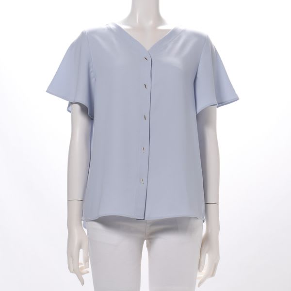 ゴールドバー釦前開きVネックブラウス