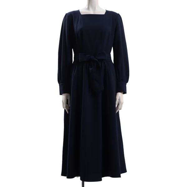 ウエストリボンパールデザインスクエアネック長袖ワンピース