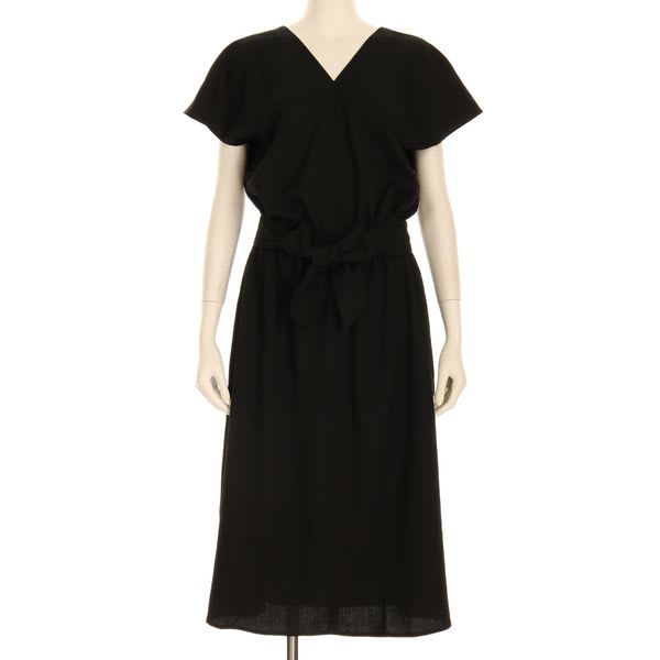 麻調ウエストリボン付きリボンベルトワンピース