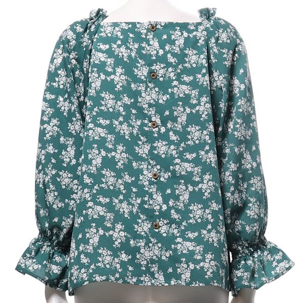 肩フリルバックボタン花柄ブラウス