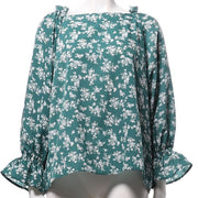 肩フリルバックボタン花柄ブラウス