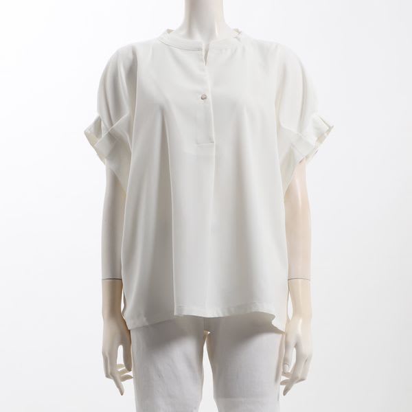 袖タックオープンフロントネックブラウス