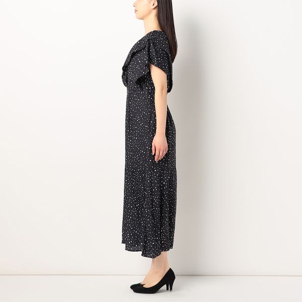 フロントフリルデザインランダムドット柄ワンピース