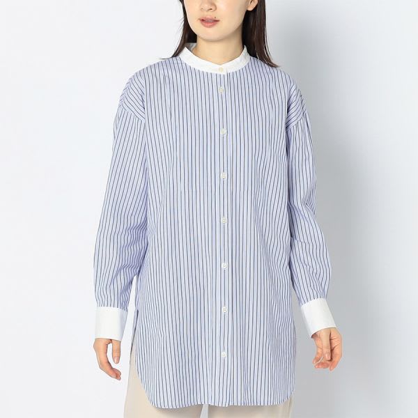 ストライプ柄バンドカラーシャツ