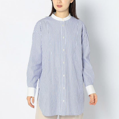 ストライプ柄バンドカラーシャツ