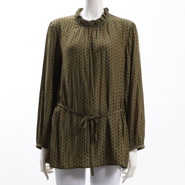 ウエストリボンフリルネック総柄ブラウス