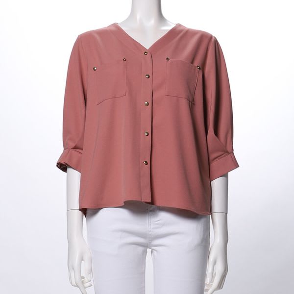 ボタンダザインVネックブラウス