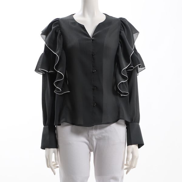 透け感ラッフルスリーブフロントボタンブラウス