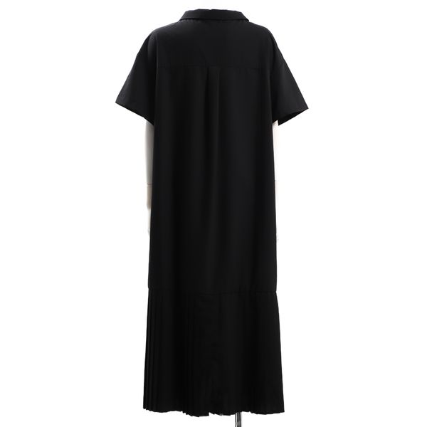 襟付き裾プリーツロングシャツワンピース