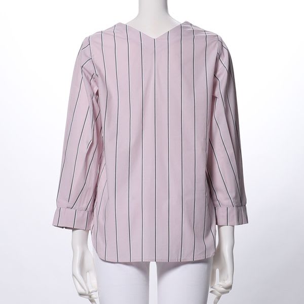 コットンストライプ飾りボタンVネックブラウス