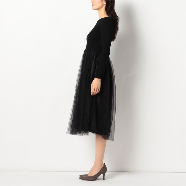 リブニットチュールドッキングワンピース